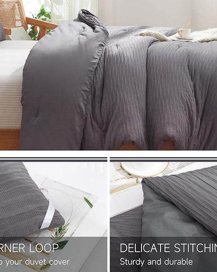 Dark Gray Seersucker Comforter Set Twin Size (66x90 in), 2 Pieces Soft Crinkled Textured Comforter with 1 Pillowcase, Lightweight Microfiber Down Alternative Bedding Set for All Season - LeafyLoom