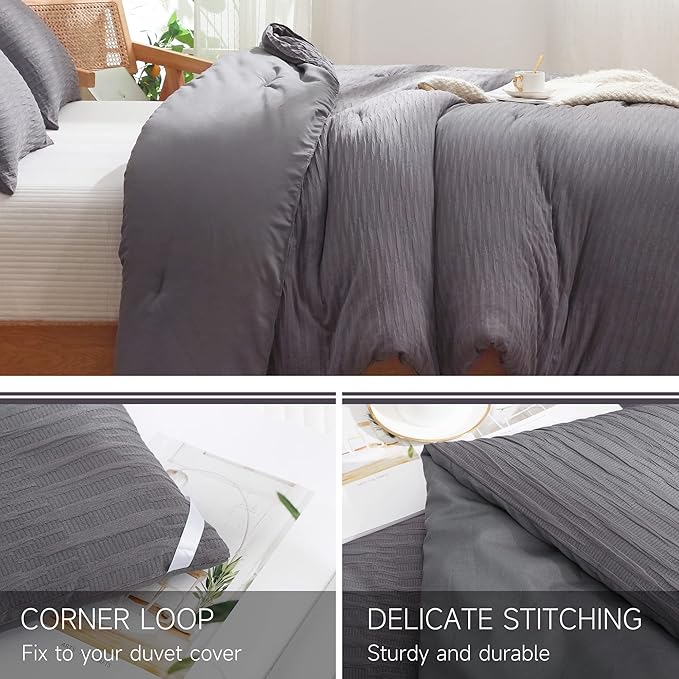 Dark Gray Seersucker Comforter Set Twin Size (66x90 in), 2 Pieces Soft Crinkled Textured Comforter with 1 Pillowcase, Lightweight Microfiber Down Alternative Bedding Set for All Season - LeafyLoom