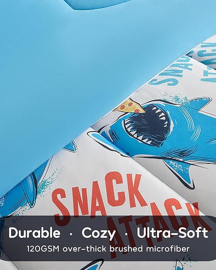SLEEP ZONE Jersey Knit 3-Piece Full/Queen Size Comforter Set, Lightweight Kids Bedding Sets for All Seasons, Fluffy Soft, Easy Care (Sharks, Full/Queen) - LeafyLoom