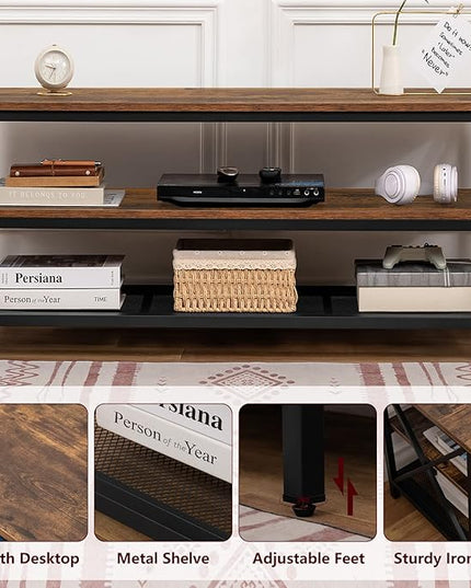 WEENFON Wood TV Stand for 55 Inch TV, 47 Inch Metal TV Table with Adjustable Leg, Unique Rustic Storage Shelve for Living Room, 3-Tiers TV Console for Bedroom, Rustic Brown - LeafyLoom