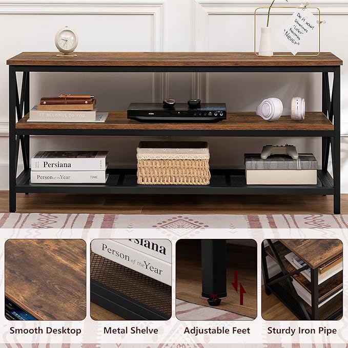 WEENFON Wood TV Stand for 55 Inch TV, 47 Inch Metal TV Table with Adjustable Leg, Unique Rustic Storage Shelve for Living Room, 3-Tiers TV Console for Bedroom, Rustic Brown - LeafyLoom