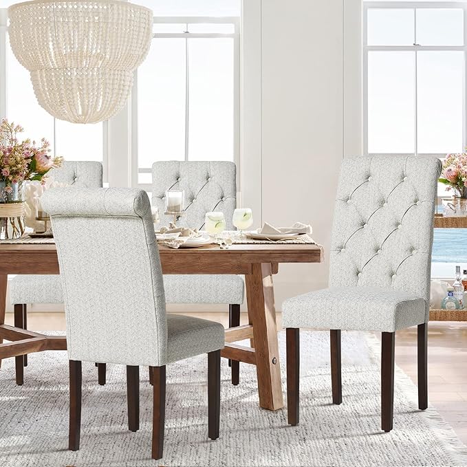 COLAMY Button Tufted Dining Chairs Set of 2, Parsons Upholstered Fabric Dining Room Chairs Kitchen Chairs with Wood Legs and Padded Seat, Ripple - LeafyLoom