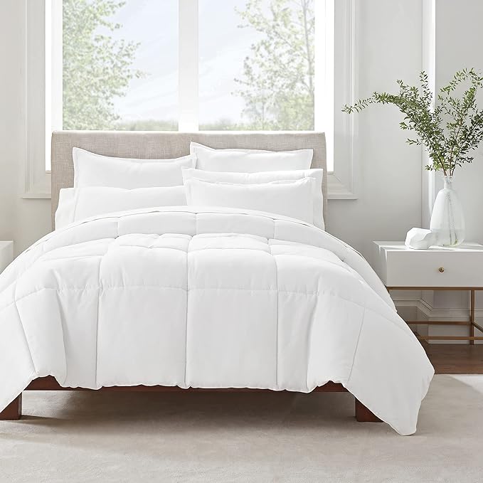 SERTA Simply Clean Ultra Soft Hypoallergenic Solid 3 Piece Comforter Set, Full/Queen, White - LeafyLoom