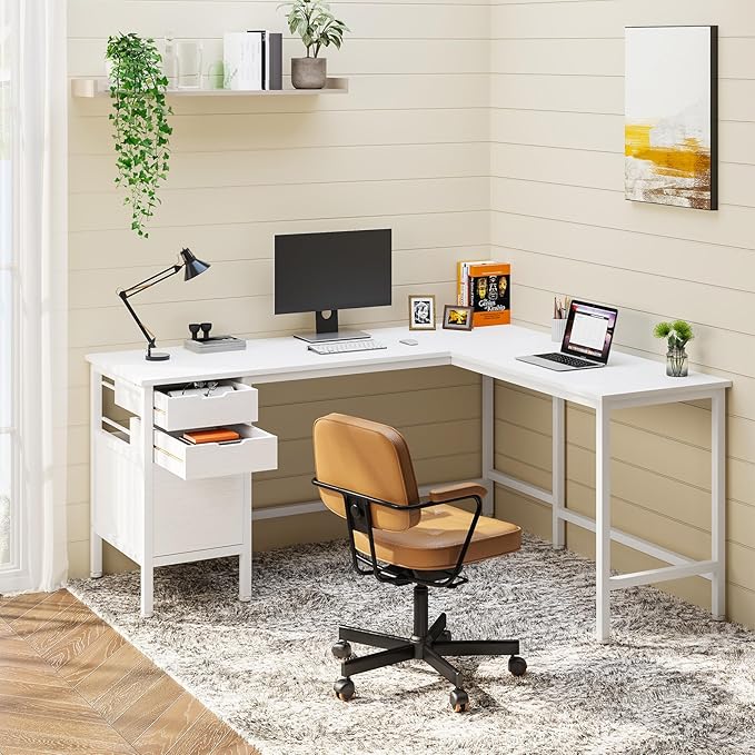 Tribesigns L Shaped Desk with File Drawer Cabinet, 59 Inch Corner Desk L Shaped Computer Desk with Drawers, PC Table Writing Desk for Home Office, White - LeafyLoom