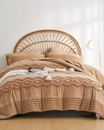 KAKIJUMN Khaki Tufted Comforter Set King Size 7 Piece Bed in a Bag, Shabby Chic Boho Comforter and Sheet Set, Pom Pom Textured Bed Set, All Season Soft Microfiber Complete Bedding Set(Khaki,King) - LeafyLoom