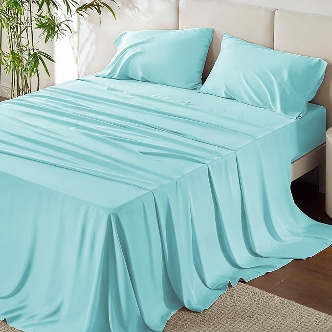 Bedsure King Size Sheet Set, Cooling Sheets King, Rayon Derived from Bamboo, Deep Pocket Up to 16", Breathable & Soft Bed Sheets, Hotel Luxury Silky Bedding Sheets & Pillowcases, Blue Tint - LeafyLoom