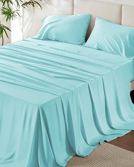 Bedsure Queen Sheets, Rayon Derived from Bamboo, Queen Cooling Sheet Set, Deep Pocket Up to 16", Breathable & Soft Bed Sheets, Hotel Luxury Silky Bedding Sheets & Pillowcases, Blue Tint - LeafyLoom