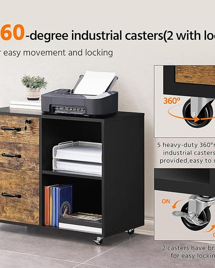 Yaheetech Lateral File Cabinet with Lock for Letter, A4 Size, 3 Drawer Printer Stand with Open Storage Compartments, Mobile Filing Cabinet for Home Office, Black/Rustic Brown - LeafyLoom