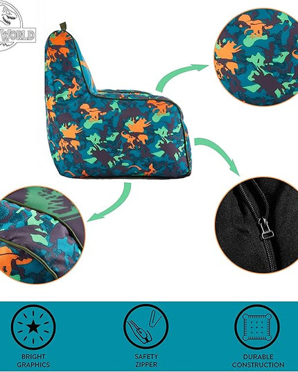 Idea Nuova Jurassic World 2 Kids Nylon Bean Bag Chair with Piping & Top Carry Handle, Blue, 18" H x 18" W - LeafyLoom