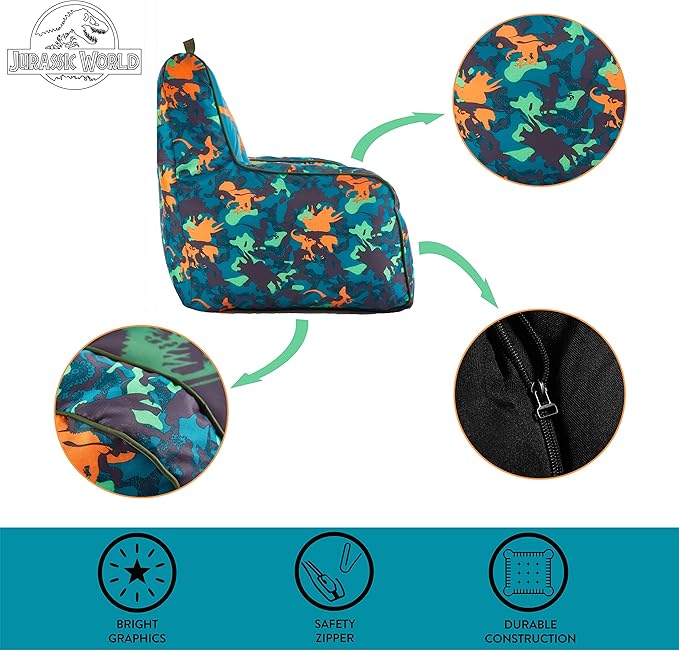 Idea Nuova Jurassic World 2 Kids Nylon Bean Bag Chair with Piping & Top Carry Handle, Blue, 18" H x 18" W - LeafyLoom