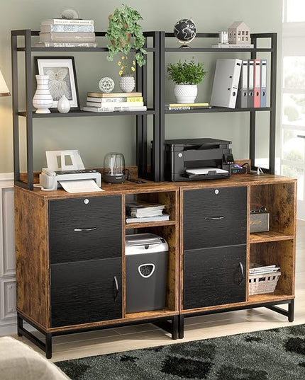 Homieasy Vertical Filing Cabinet with Lock & Charging Station, Large Drawer Wood File Cabinet with Bookshelf, Printer Stand with Open Storage Shelf, fits Letter Size for Home Office, Black and Rustic - LeafyLoom