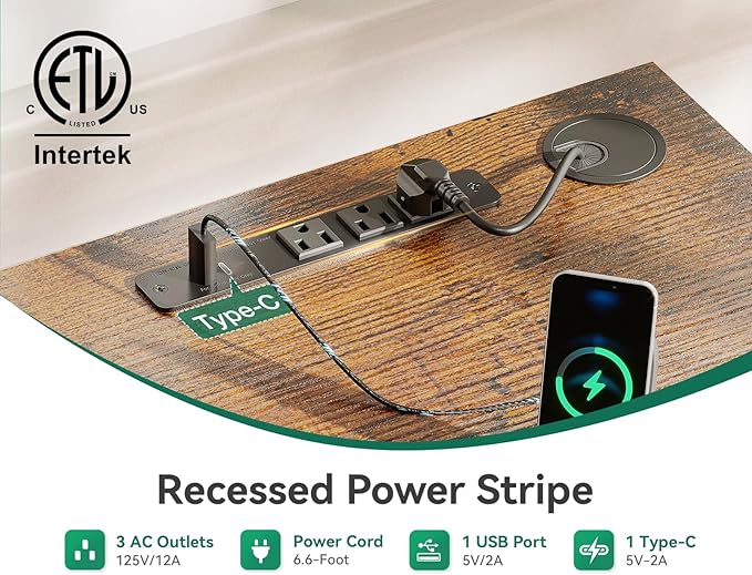 AODK 54 Inch Computer Desk with 3 Fabric Drawers, Office Desk with USB/Type-C Charging Ports & Power Outlets, Vanity Desk with Iron Hook for Bedroom, Study/Writing/Work Table for Bedroom, Vintage - LeafyLoom