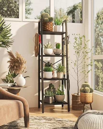 YMYNY 4 Tiers Ladder Bookcase, Industrial Narrow Bookshelf, Open Display Rack with 4 S Hooks, Metal Storage Shelves for Bedroom, Home Office, Living Room, Black, 49.2H*13.4L*11.8W, UHBC024B - LeafyLoom