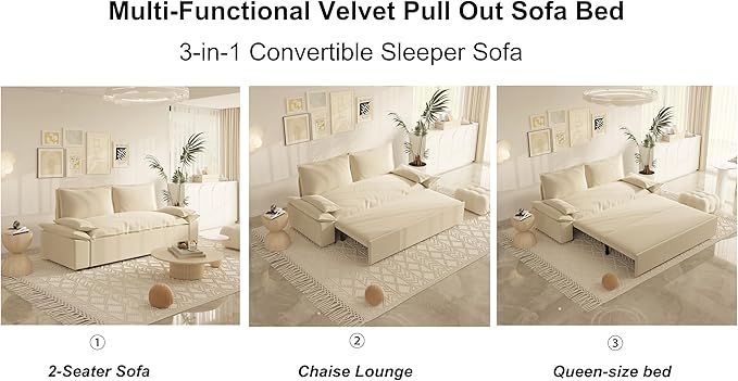 3 in 1 Oversized Love Seat Sofá Convertible Queen Size Sofabed with 2 Lumbar Pillows, Loveseat Sofa W/Pull Out Sleeper Couch Bed for Home,Office,Apartment,RV Living Room, 70.1", Beige - LeafyLoom