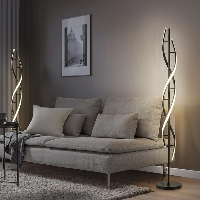 Spiral LED Floor Lamp for Bedroom,Modern Floor Lamp with Remote Control 60 Inch Dimmable Black Floor Lamp 48W Standing Lamp Timing 3 Color Temperature Corner Floor Lamps for Living Room - LeafyLoom