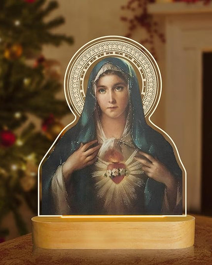 Virgin Mary Gifts for Women, Immaculate Heart of Mother Mary Pictures, Heart of Mary Catholic Gifts Night Light for Home Decor, Christian Religious Blessed Baptize Gifts for Mum Grandma Lady - LeafyLoom