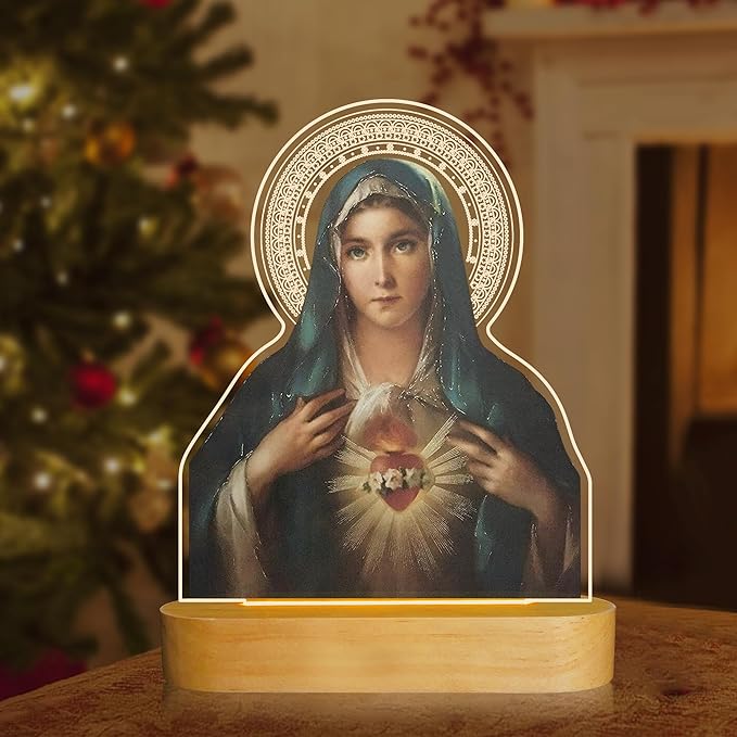 Virgin Mary Gifts for Women, Immaculate Heart of Mother Mary Pictures, Heart of Mary Catholic Gifts Night Light for Home Decor, Christian Religious Blessed Baptize Gifts for Mum Grandma Lady - LeafyLoom