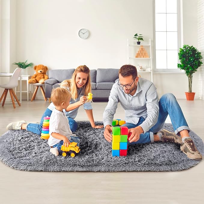 Noahas Grey Fluffy Rugs for Bedroom,2'X 5' Oval Ultra Soft Bedroom Rugs,Small Throw Rugs, Kids Room Carpet Modern Shaggy Area Rugs Home Decor - LeafyLoom