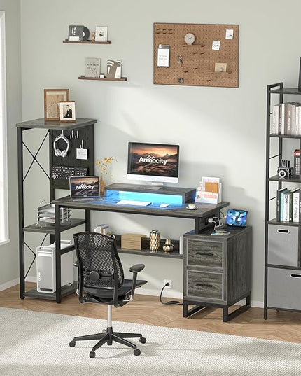 Computer Desk with 2 Fabric Drawers - Reversible Home Office Desk with Power Outlet & LED Lights, 53" Writing Desk with Monitor Stand & Storage Shelves, Gaming Desk Study Table with Pegboard, Grey Oak - LeafyLoom