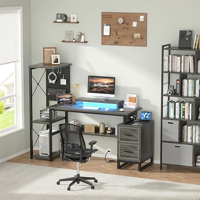 Computer Desk with 2 Fabric Drawers - Reversible Home Office Desk with Power Outlet & LED Lights, 53" Writing Desk with Monitor Stand & Storage Shelves, Gaming Desk Study Table with Pegboard, Grey Oak - LeafyLoom