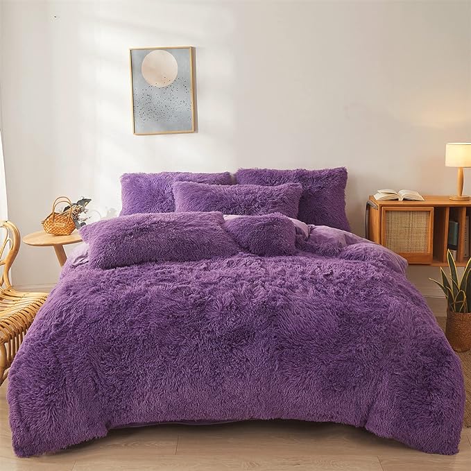 Fluffy dark purple comforters Cover twin size - Ultra Soft Plush red bedding Sets 2 Pieces (1 faux fur comforter Cover + 1 fuzzy pillow case) girls shaggy purple twin bed set (Dark purple, Twin) - LeafyLoom