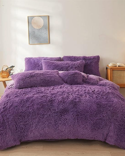 FOPPA Dark Purple fluffy Comforter Cover Set king- Ultra Soft fluffy Purple Bedding Sets 3 Pieces (1 Duvet Cover + 2 Pillow case) pink fluffy bed set (Dark Purple, King) - LeafyLoom