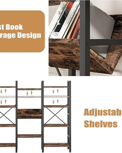 Shintenchi Industrial Bookcase,71.6” Triple 4 Tier Bookshelf with 11 Open Display Shelves,Large Etagere Bookshelf Open Record Player Shelves,Wide Book Shelf Book Case for Home & Office,Rustic Brown - LeafyLoom