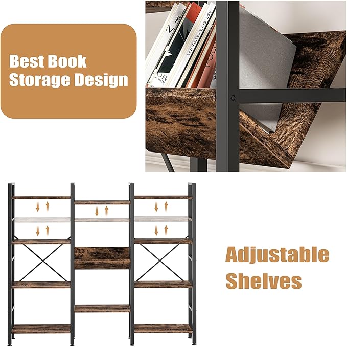 Shintenchi Industrial Bookcase,71.6” Triple 4 Tier Bookshelf with 11 Open Display Shelves,Large Etagere Bookshelf Open Record Player Shelves,Wide Book Shelf Book Case for Home & Office,Rustic Brown - LeafyLoom