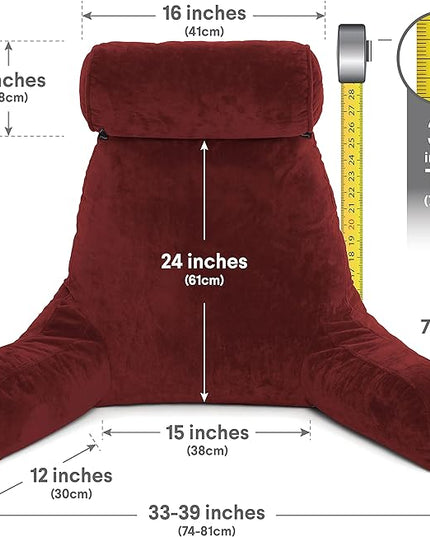 Husband Pillow XXL Maroon Backrest with Arms - Adult Reading Pillow with Shredded Memory Foam, Ultra-Comfy Removable Microplush Cover & Detachable Neck Roll, Unmatched Support Bed Rest Sit Up Pillow - LeafyLoom