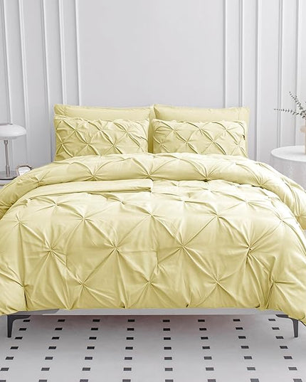 LANE LINEN Twin Comforter Set – 5 Piece Bed in a Bag – Pinch Pleated Twin Size Bedding Set with Comforter, Flat Sheet, Fitted Sheet, Pillowcase & Sham – Soft Pintuck Bed Set - Vanilla - LeafyLoom
