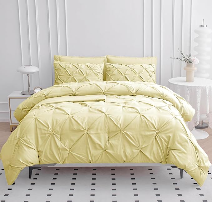 LANE LINEN King Comforter Set – 7 Piece Bed in a Bag – Pinch Pleated King Size Bedding Set with Comforter, Flat Sheet, Fitted Sheet, 2 Pillowcases & 2 Shams – Soft Pintuck Bed Set - Vanilla - LeafyLoom