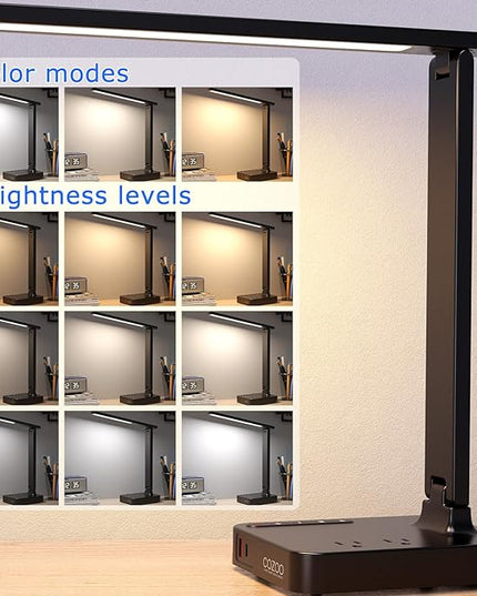 cozoo Desk Lamps for Home Office,Modern LED Desk Lamp for Dorm with 2 USB Charging Ports/Type C Port,2 AC Outlets,3 Lighting Mode,3 Level Brightness,Touch Control/Timer/Eye-Caring Foldable Table Lamp - LeafyLoom