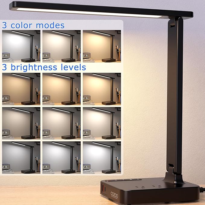 cozoo Desk Lamps for Home Office,Modern LED Desk Lamp for Dorm with 2 USB Charging Ports/Type C Port,2 AC Outlets,3 Lighting Mode,3 Level Brightness,Touch Control/Timer/Eye-Caring Foldable Table Lamp - LeafyLoom