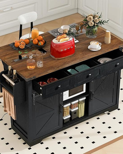 Farmhouse Island with Power Outlet, Rolling Kitchen-Cart with Drop Leaf, Storage Cabinet Table on Wheels w/Spice Rack and Drawer for Dining Room, Bar, 53, Black - LeafyLoom