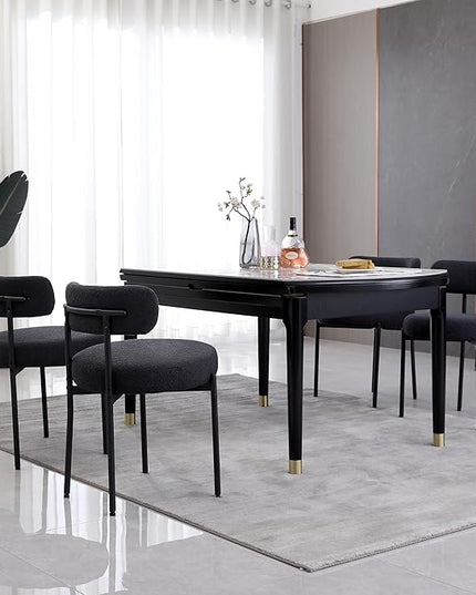 Black Dining Chairs Set of 4 Round Upholstered Boucle Dining Room Chairs Mid-Century Modern Kitchen Chairs Curved Backrest Chairs for Dining Room Black Metal Legs - LeafyLoom