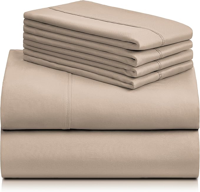 LuxClub 6 PC King Sheet Set, Breathable Luxury Bed Sheets, Deep Pockets 18" Wrinkle Free Cooling Bed Sheets Machine Washable Hotel Bedding Silky Soft - Light Khaki King - LeafyLoom