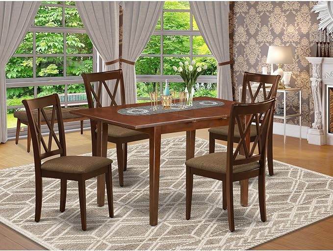 East West Furniture PSCL5-MAH-C 5 Piece Modern Set Includes a Rectangle Wooden Table with Butterfly Leaf and 4 Linen Fabric Kitchen Dining Chairs, 32x60 Inch - LeafyLoom