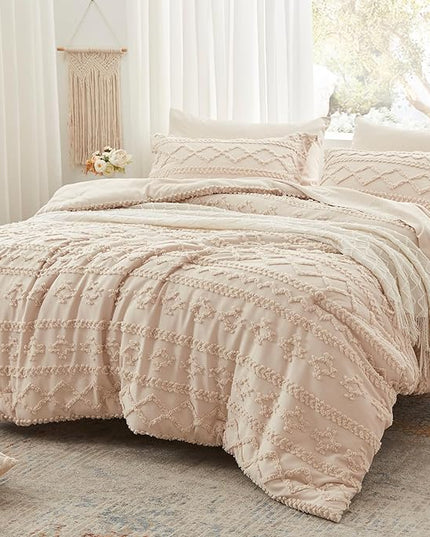 Anluoer Twin Comforter Set 5 Pieces, Beige Tufted Bed in a Bag with comforters and sheets, All Season Bedding Sets with 1 Comforter, 1 PillowShams, 1 Pillowcases, 1 Flat Sheet, 1 Fitted Sheet - LeafyLoom