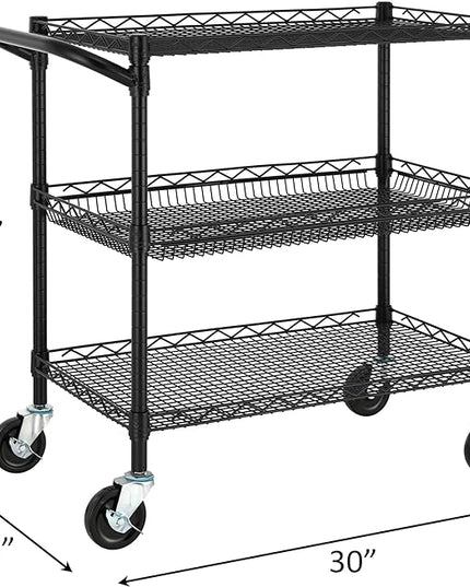 Finnhomy 3 Tier Heavy Duty Commercial Grade Utility Cart, Wire Rolling Cart with Handle Bar, Steel Service Cart with Wheels, Kitchen Cart on Wheels, Food Storage Trolley, NSF Listed, Black - LeafyLoom