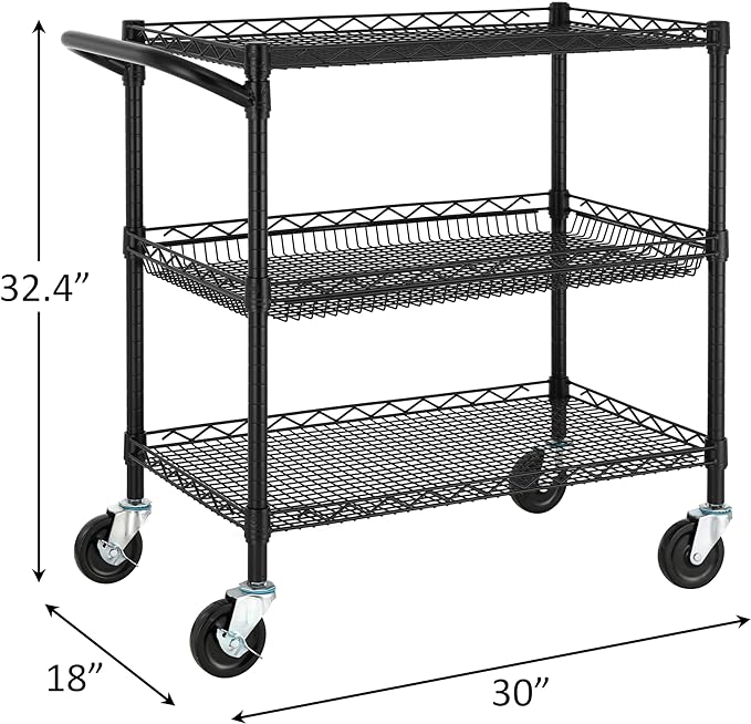 Finnhomy 3 Tier Heavy Duty Commercial Grade Utility Cart, Wire Rolling Cart with Handle Bar, Steel Service Cart with Wheels, Kitchen Cart on Wheels, Food Storage Trolley, NSF Listed, Black - LeafyLoom