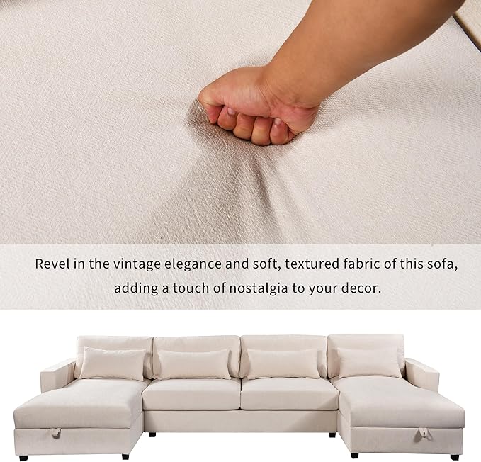 128.3" Modern Large U-Shaped Sectional Sofa with 2 Storage Chaise and 4 Lumbar Pillows, Oversized Reversible Upholstered Couch for Living Room, Apartment, Office, Beige, 128.3 Inch - LeafyLoom
