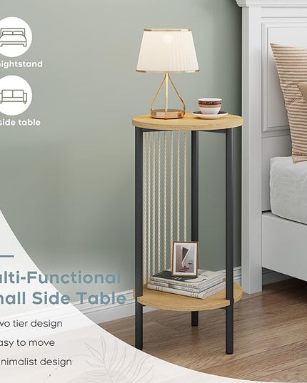 Yechen 3-Piece Boho Coffee Table Set with Hand-Woven Natural Rope, 2 Tier Wooden Round Coffee Table and End Table Sets with Metal Frame, Side Table with Storage for Living Room, Bedroom - LeafyLoom