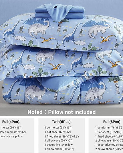 Mooreeke Kids Comforter Bed Set Twin Size for Boys, 6 Pieces Bed in a Bag with Shams, Sheet Set and 1 Decorative Toy Throw Pillow, Dinosaur Blue Super Twin Soft Microfiber Kids Comforter Bedding Set - LeafyLoom