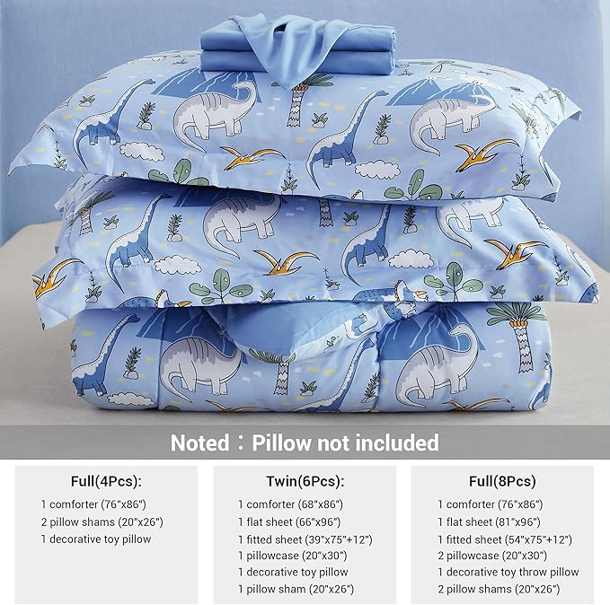 Mooreeke Kids Comforter Bed Set Twin Size for Boys, 6 Pieces Bed in a Bag with Shams, Sheet Set and 1 Decorative Toy Throw Pillow, Dinosaur Blue Super Twin Soft Microfiber Kids Comforter Bedding Set - LeafyLoom