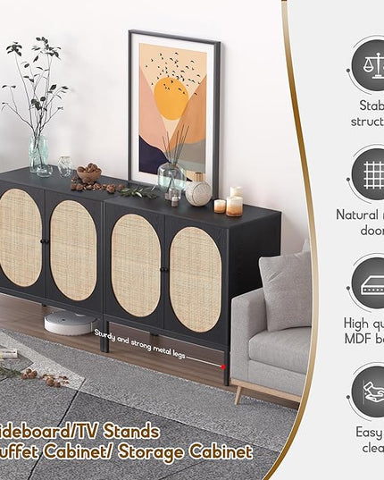 XIAO WEI Sideboard Cabinet with Handmade Natural Rattan Doors, Rattan Cabinet Accent Buffet Cabinet Console Table, for Living Room Dining Room Hallway kitchen-2 Pieces(Black Oval) - LeafyLoom