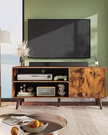 WLIVE Mid-Century Modern TV Stand for 55" TV, Entertainment Center with Storage, Open Shelves TV Console for Living Room and Bedroom, Retro Brown - LeafyLoom