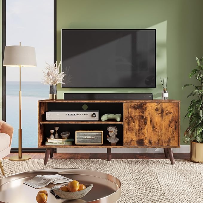 WLIVE Mid-Century Modern TV Stand for 55" TV, Entertainment Center with Storage, Open Shelves TV Console for Living Room and Bedroom, Retro Brown - LeafyLoom