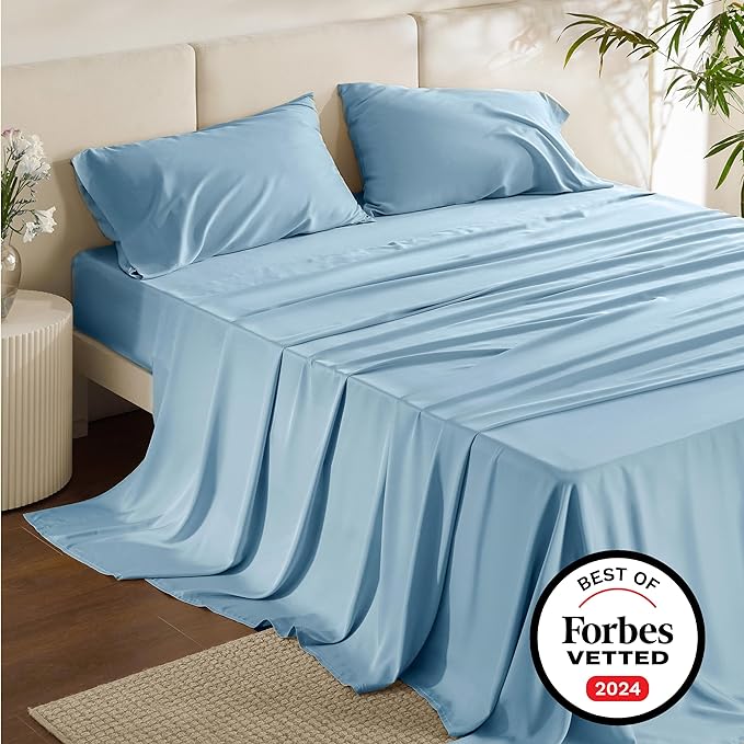 Bedsure California King Sheet Sets, Cooling Sheets, Rayon Derived from Bamboo, Deep Pocket Up to 16", Breathable & Soft Bed Sheets, Hotel Luxury Silky Bedding Sheets & Pillowcases, Teal Blue - LeafyLoom