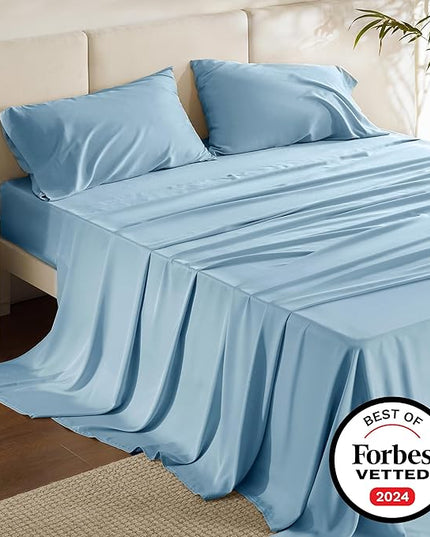 Bedsure Queen Sheets, Rayon Derived from Bamboo, Queen Cooling Sheet Set, Deep Pocket Up to 16", Breathable & Soft Bed Sheets, Hotel Luxury Silky Bedding Sheets & Pillowcases, Teal Blue - LeafyLoom