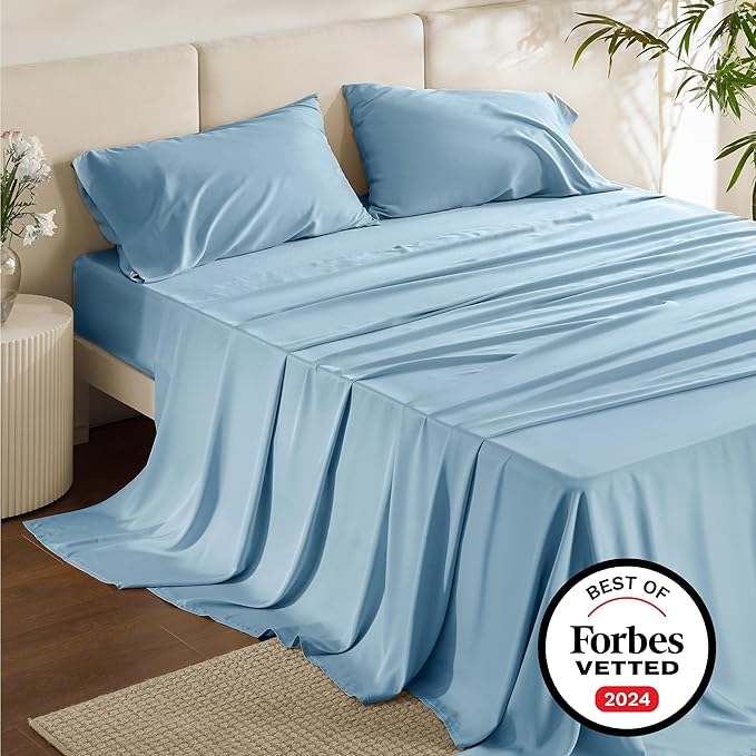 Bedsure Queen Sheets, Rayon Derived from Bamboo, Queen Cooling Sheet Set, Deep Pocket Up to 16", Breathable & Soft Bed Sheets, Hotel Luxury Silky Bedding Sheets & Pillowcases, Teal Blue - LeafyLoom